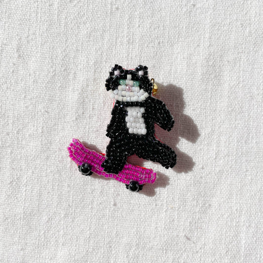 Brooch - Skateboarding Cat