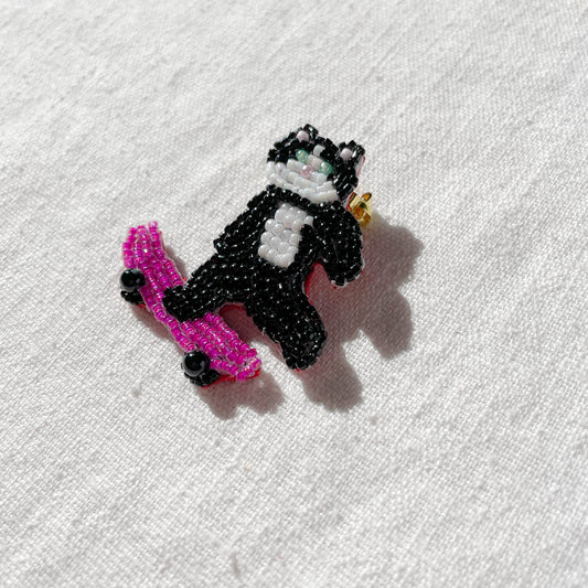Brooch - Skateboarding Cat